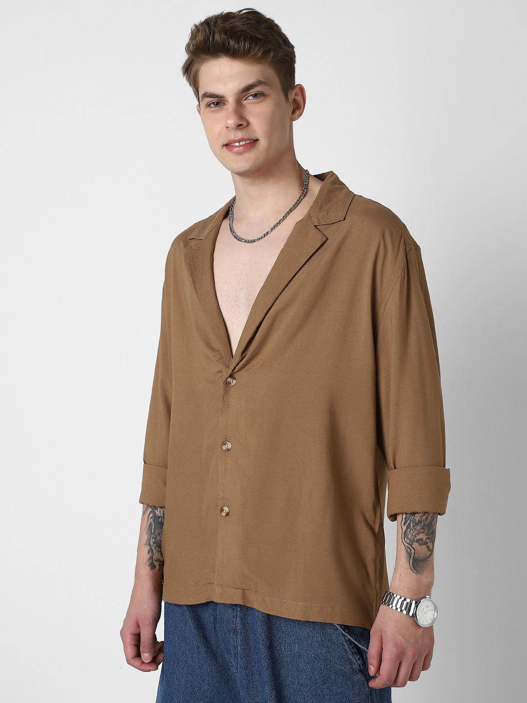 Solid Hazelnut Oversized Notched Lapel Collar Shirt