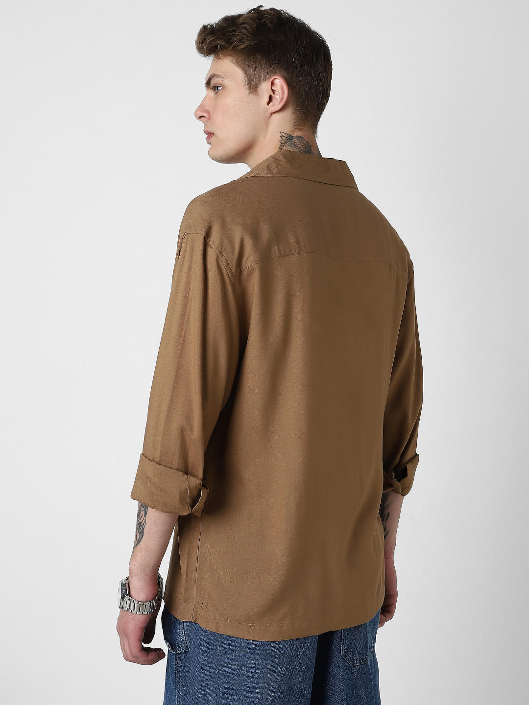 Solid Hazelnut Oversized Notched Lapel Collar Shirt
