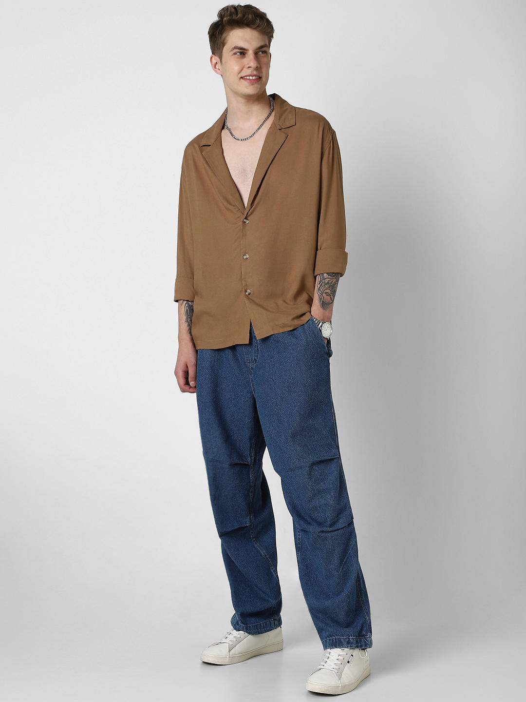 Solid Hazelnut Oversized Notched Lapel Collar Shirt