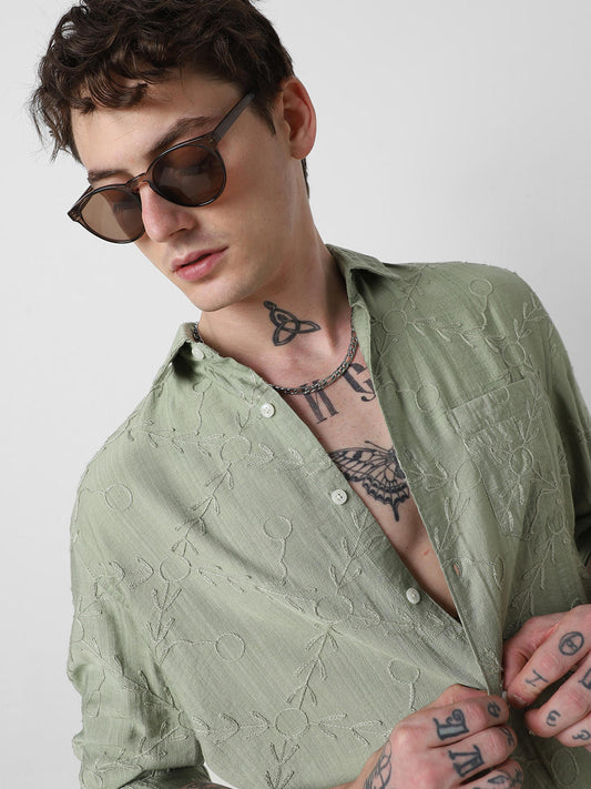 Intricate Fern Green Embroidered Shirt