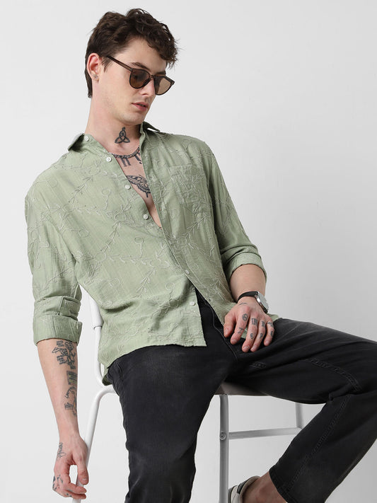 Intricate Fern Green Embroidered Shirt