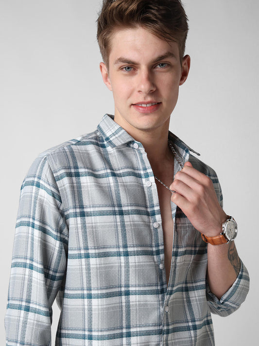 Grey & Teal Jacquard Tartan Checked Shirt