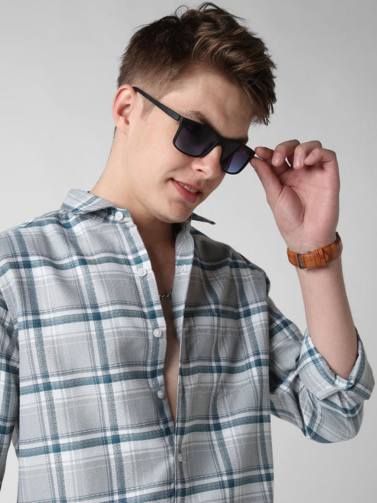 Grey & Teal Jacquard Tartan Checked Shirt