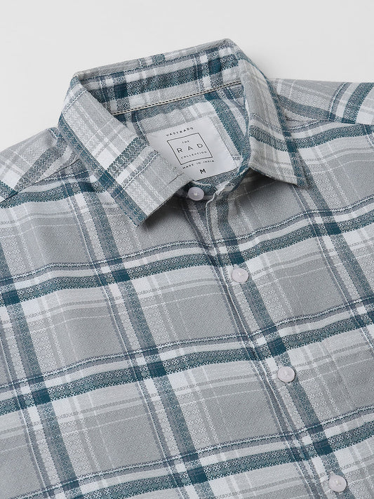 Grey & Teal Jacquard Tartan Checked Shirt