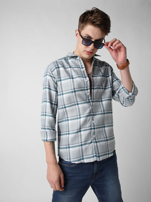 Grey & Teal Jacquard Tartan Checked Shirt