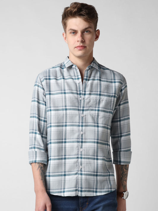 Grey & Teal Jacquard Tartan Checked Shirt