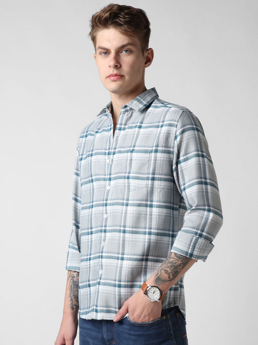 Grey & Teal Jacquard Tartan Checked Shirt