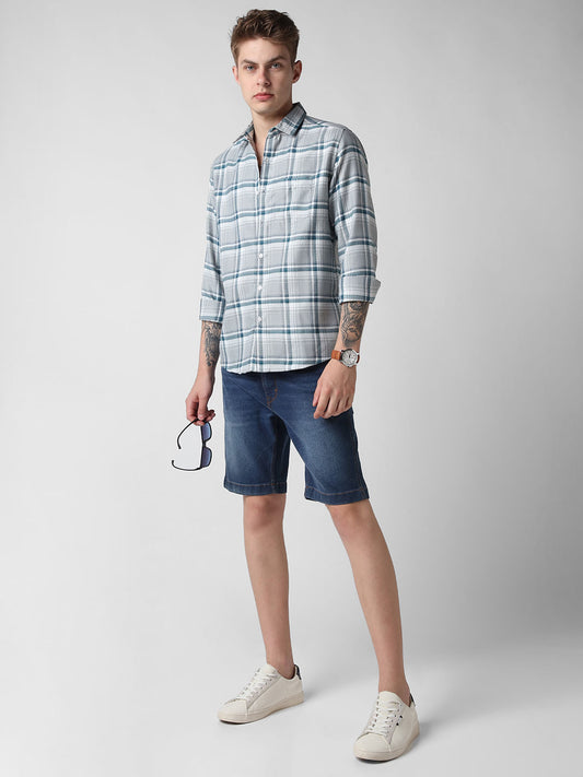 Grey & Teal Jacquard Tartan Checked Shirt