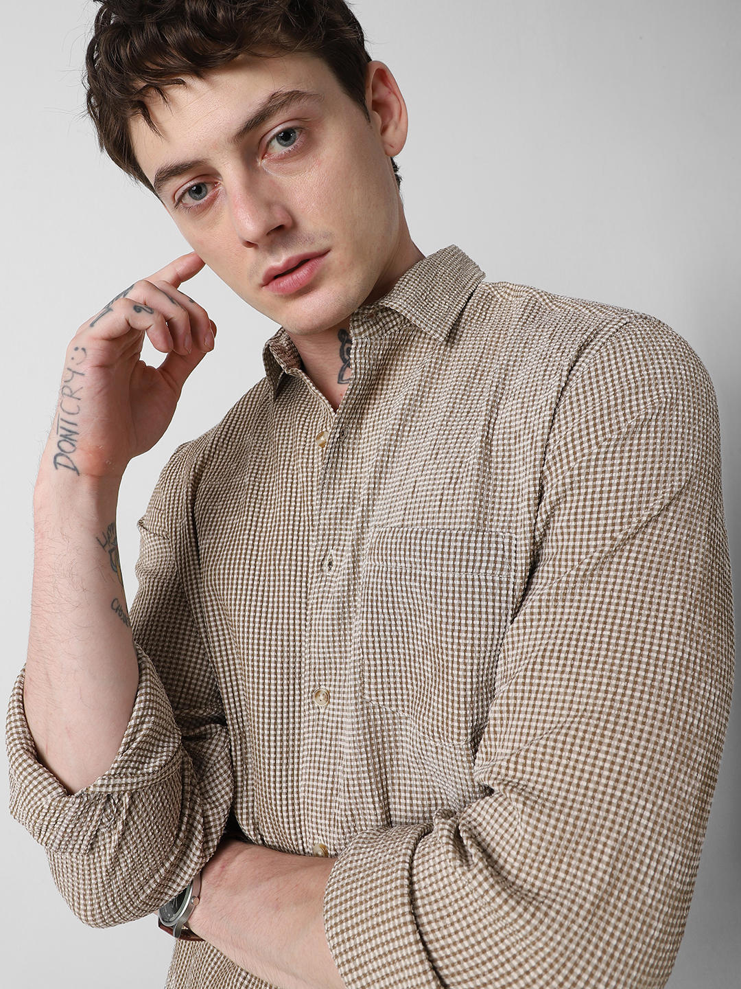Coffee Brown Tiny Checkered Seersucker Shirt