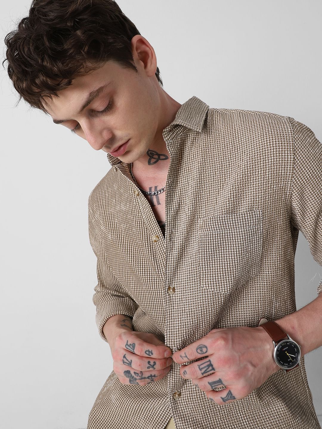 Coffee Brown Tiny Checkered Seersucker Shirt