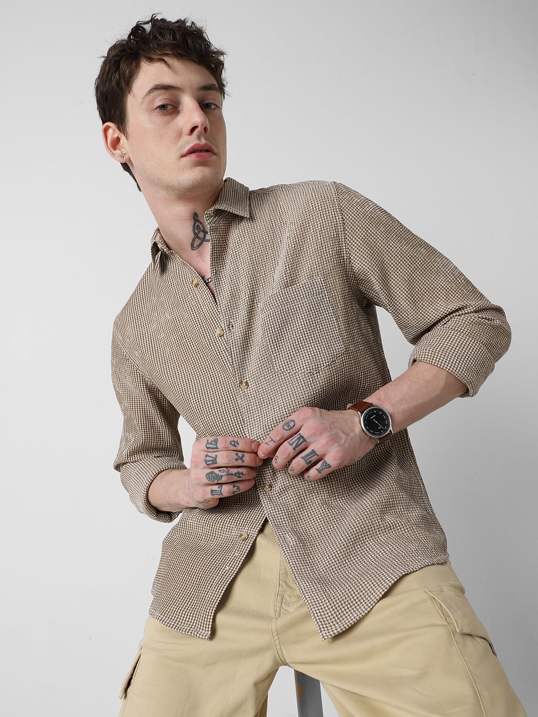 Coffee Brown Tiny Checkered Seersucker Shirt