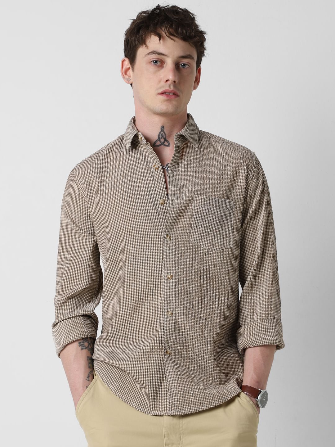 Coffee Brown Tiny Checkered Seersucker Shirt