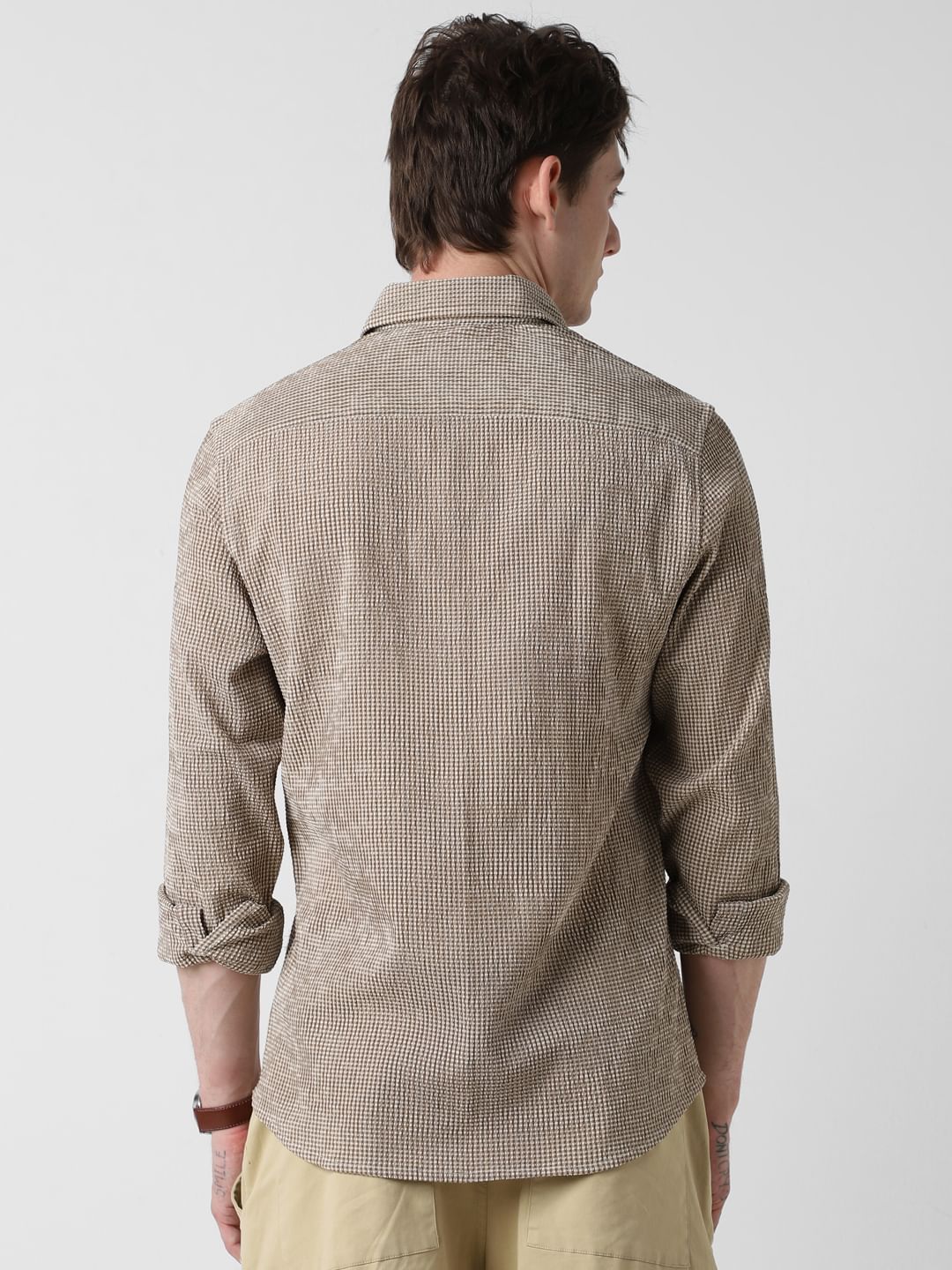 Coffee Brown Tiny Checkered Seersucker Shirt