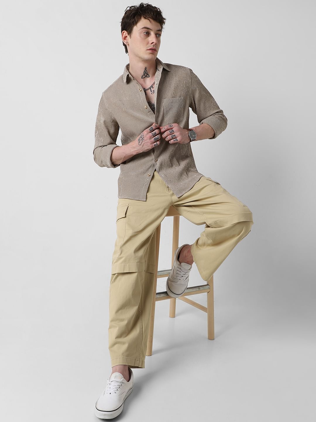 Coffee Brown Tiny Checkered Seersucker Shirt