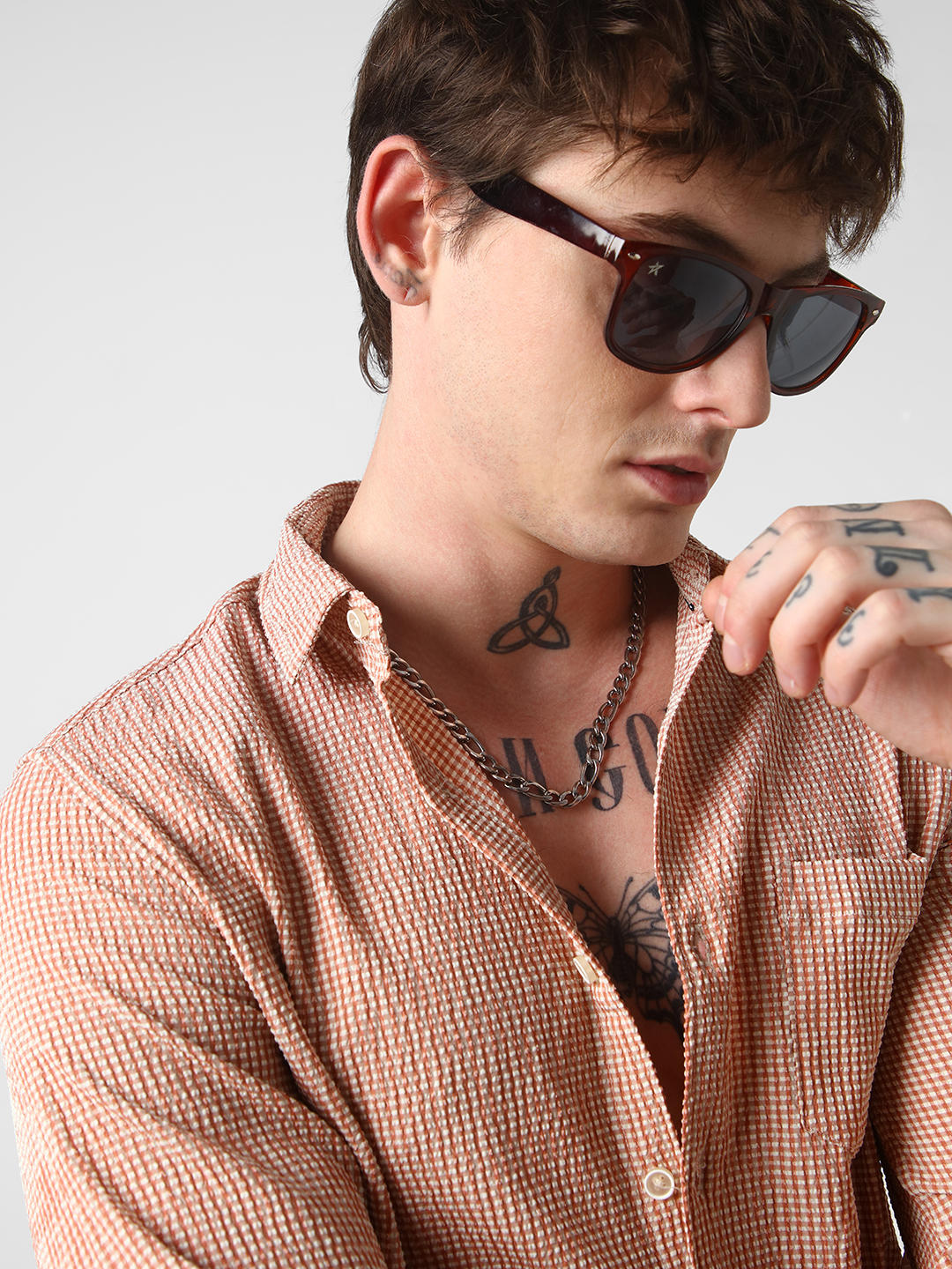 Peach Tiny Checkered Seersucker Shirt