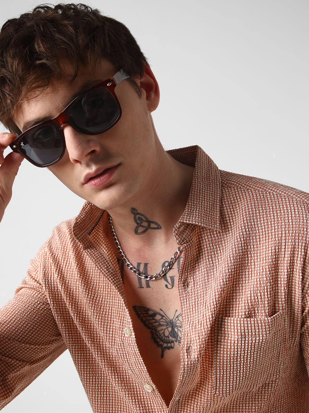 Peach Tiny Checkered Seersucker Shirt