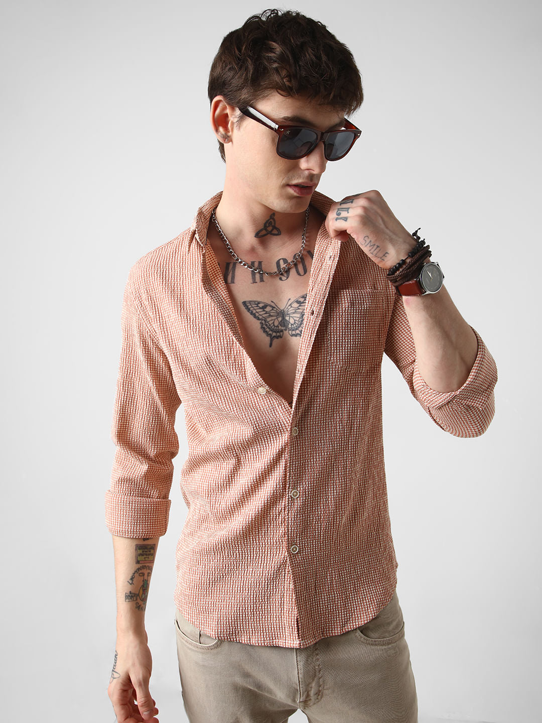 Peach Tiny Checkered Seersucker Shirt