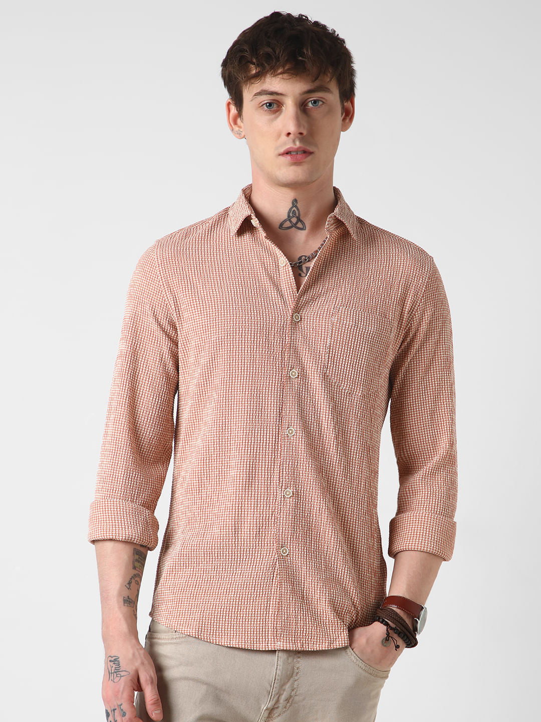 Peach Tiny Checkered Seersucker Shirt