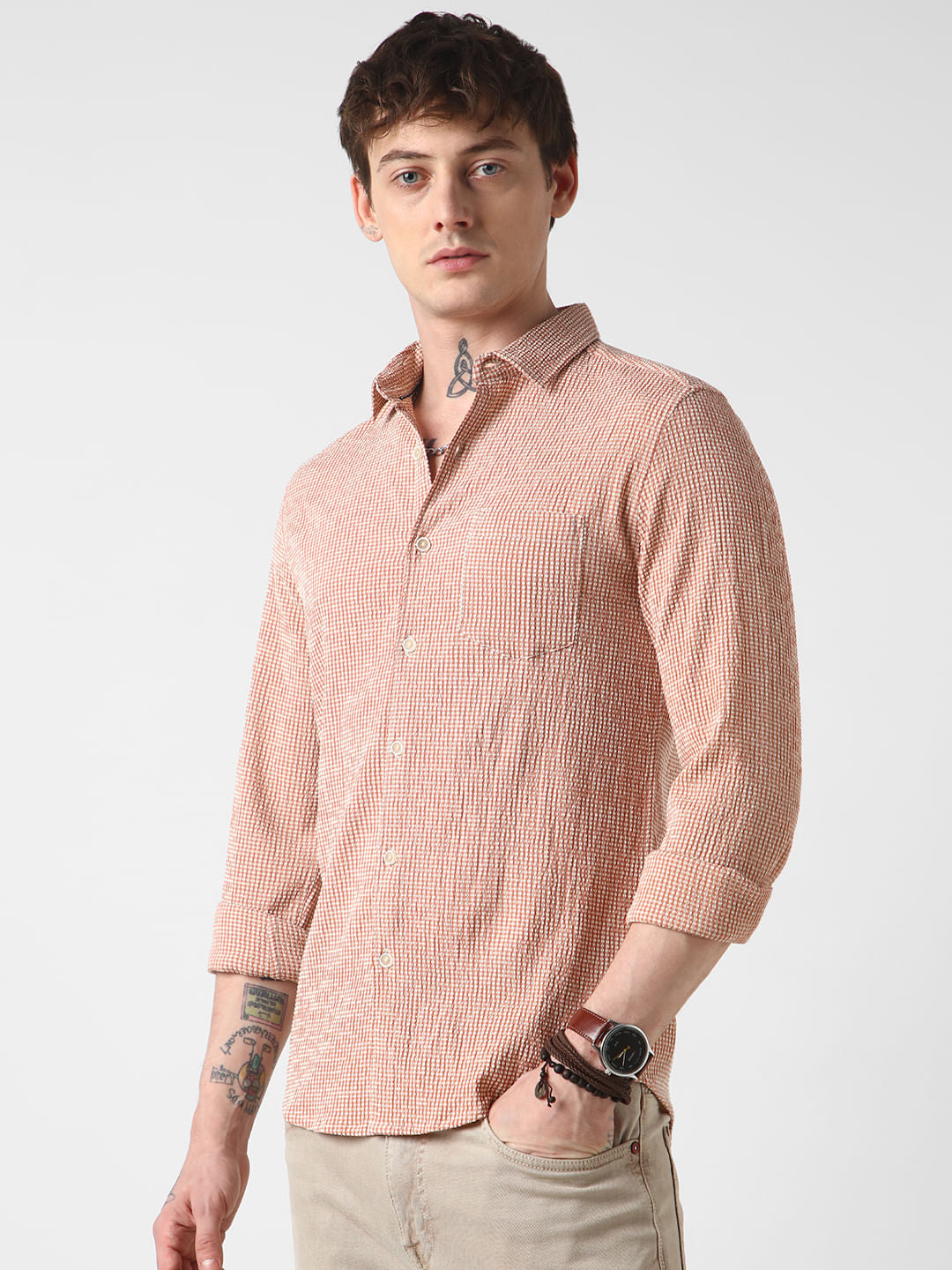 Peach Tiny Checkered Seersucker Shirt