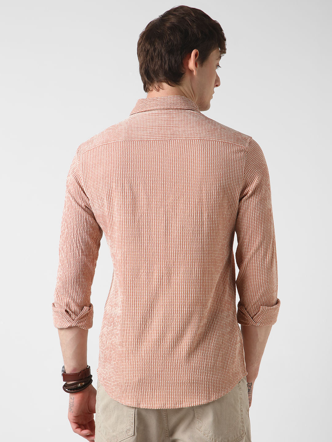 Peach Tiny Checkered Seersucker Shirt