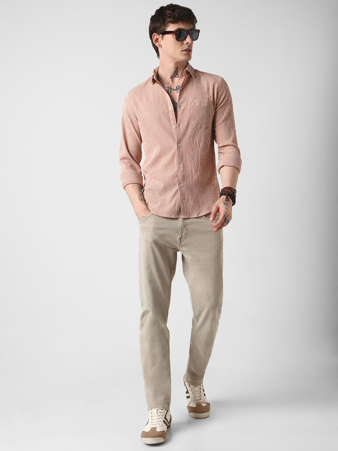 Peach Tiny Checkered Seersucker Shirt