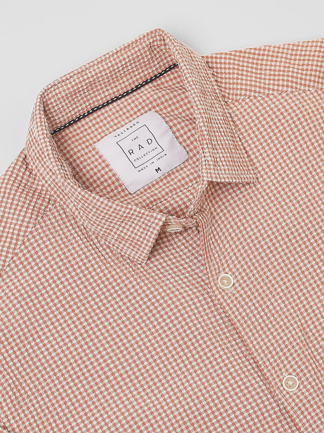 Peach Tiny Checkered Seersucker Shirt