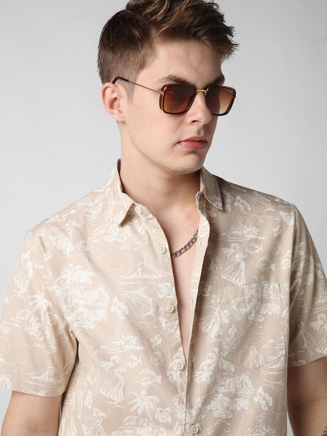 Tan Artistic Beach Printed Shirt