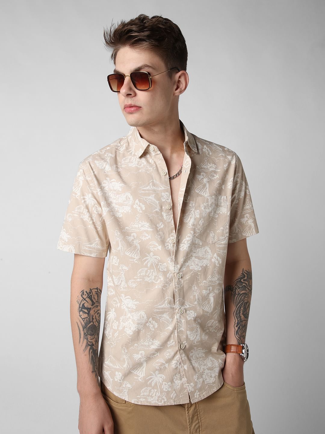Tan Artistic Beach Printed Shirt