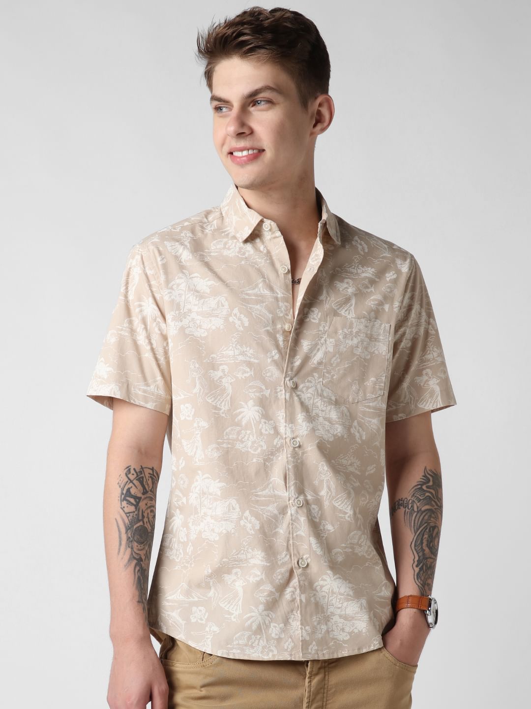 Tan Artistic Beach Printed Shirt