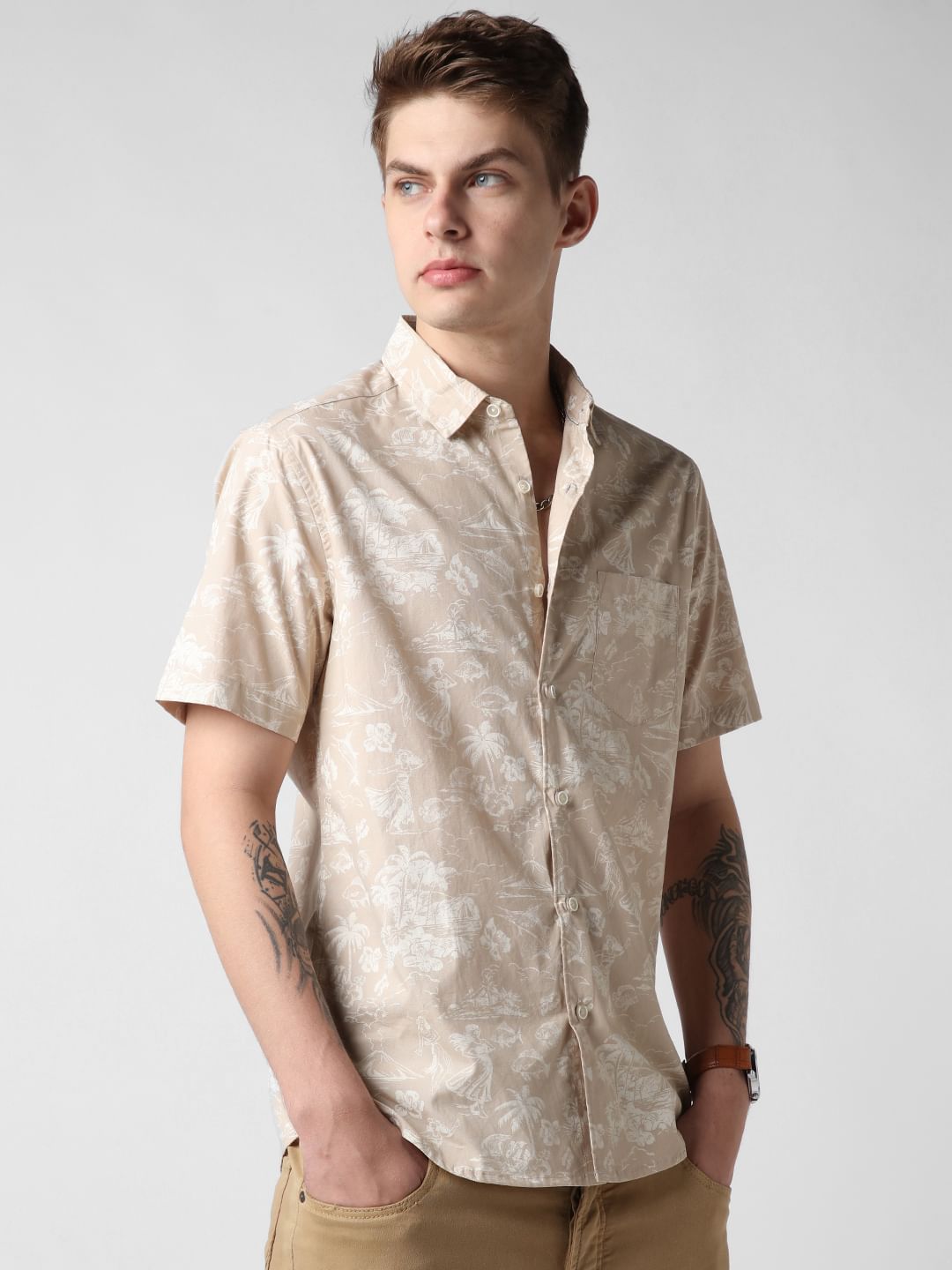Tan Artistic Beach Printed Shirt