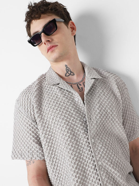 Cloud Grey Embossed Patterned Oversized Shirt