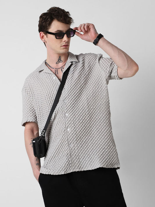 Cloud Grey Embossed Patterned Oversized Shirt