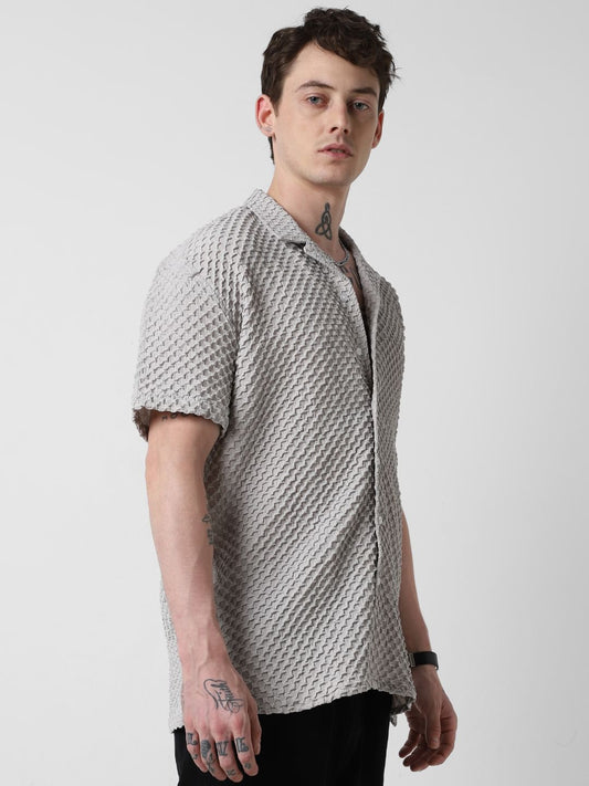 Cloud Grey Embossed Patterned Oversized Shirt