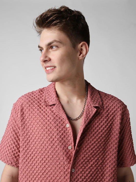 Peach Blossom Embossed Patterned Oversized Shirt
