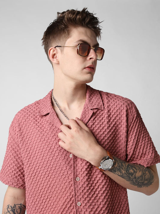 Peach Blossom Embossed Patterned Oversized Shirt