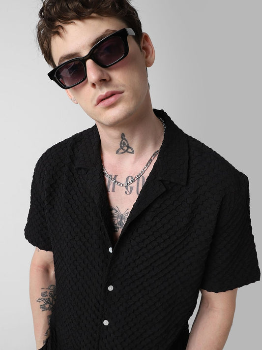 Jet Black Embossed Patterned Oversized Shirt