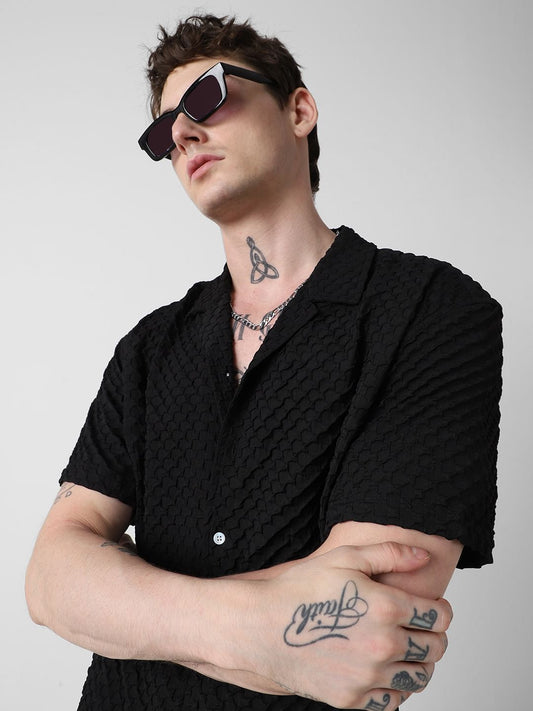 Jet Black Embossed Patterned Oversized Shirt
