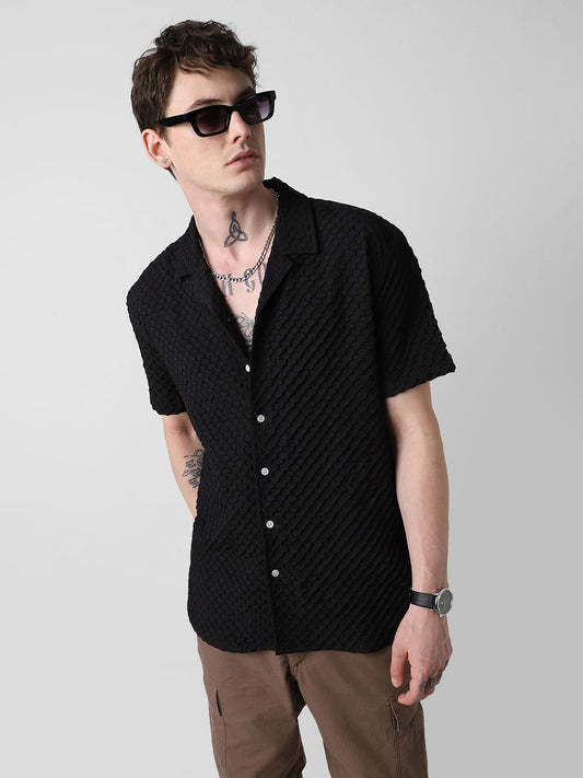 Jet Black Embossed Patterned Oversized Shirt