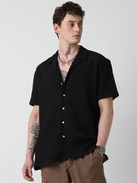 Jet Black Embossed Patterned Oversized Shirt