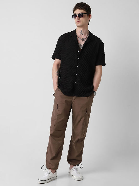 Jet Black Embossed Patterned Oversized Shirt