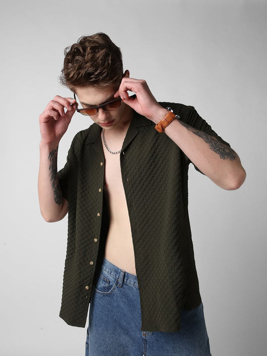 Avocado Green Embossed Patterned Oversized Shirt