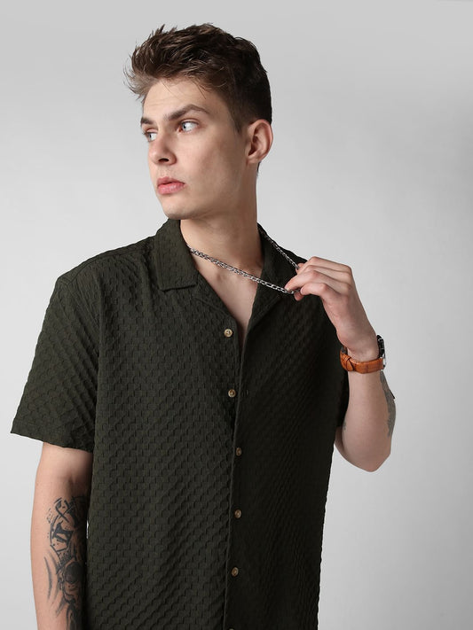 Avocado Green Embossed Patterned Oversized Shirt