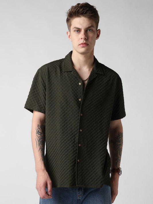 Avocado Green Embossed Patterned Oversized Shirt