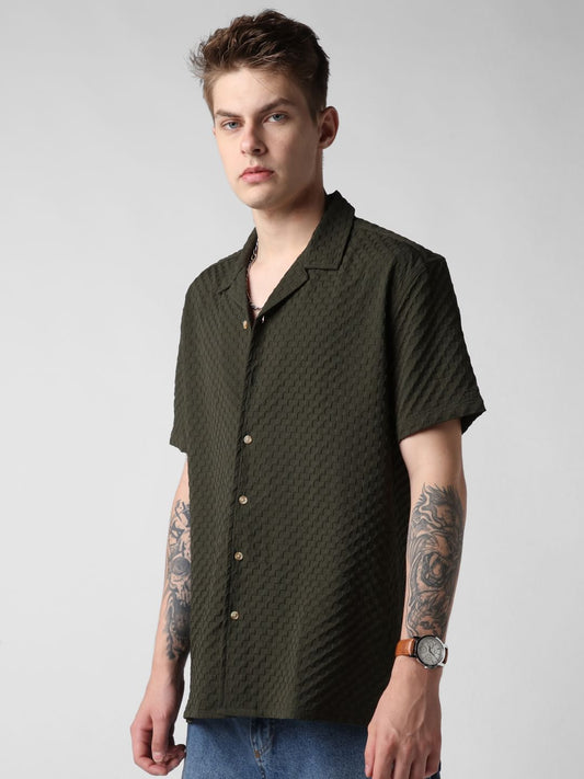 Avocado Green Embossed Patterned Oversized Shirt