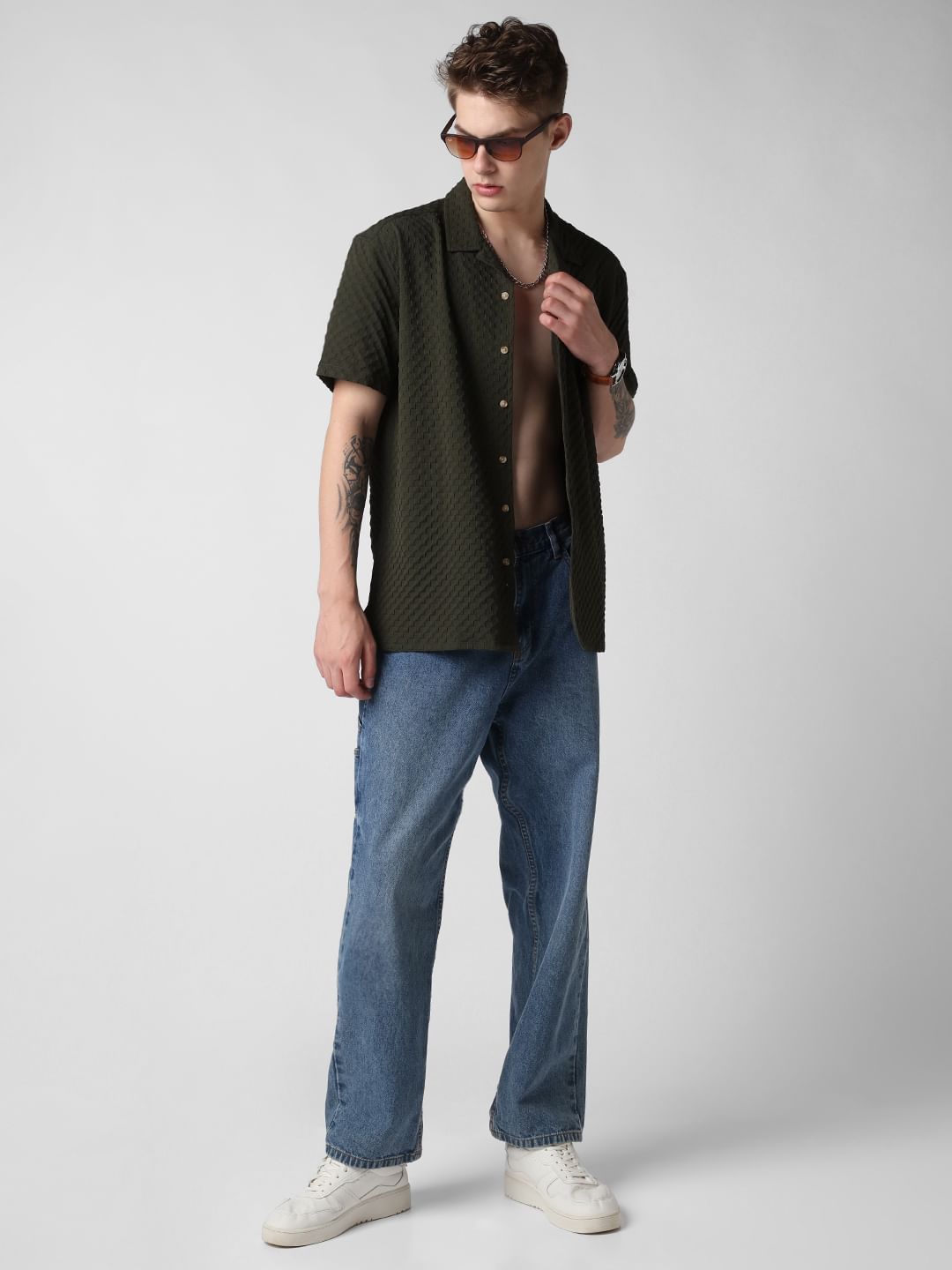 Avocado Green Embossed Patterned Oversized Shirt