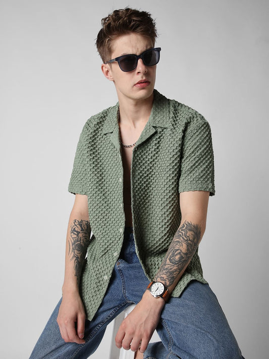 Asparagus Green Embossed Patterned Oversized Shirt