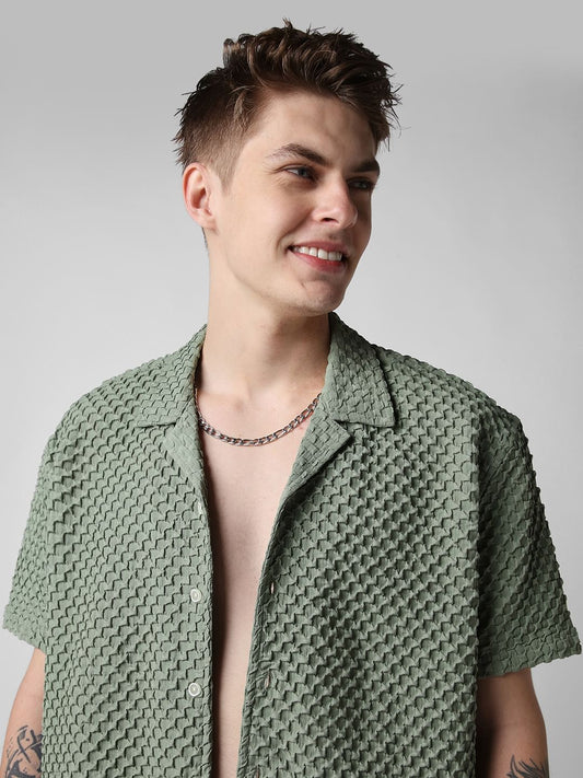 Asparagus Green Embossed Patterned Oversized Shirt