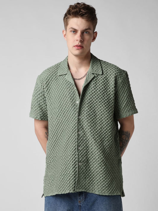 Asparagus Green Embossed Patterned Oversized Shirt