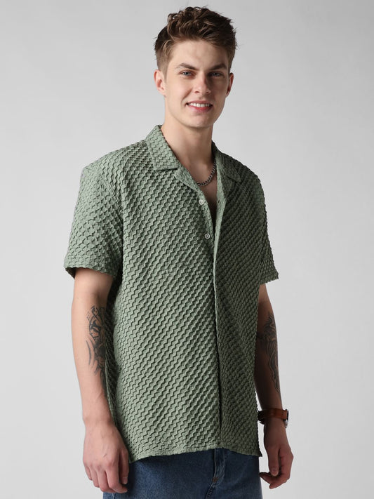 Asparagus Green Embossed Patterned Oversized Shirt