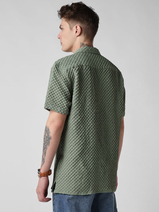 Asparagus Green Embossed Patterned Oversized Shirt